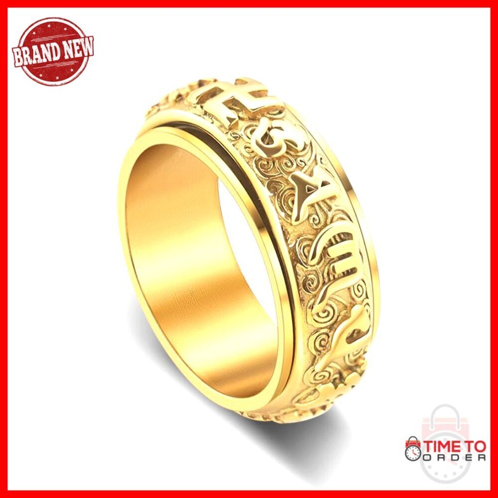 Stainless Steel Fidget Spinner Ring for Anxiety Relief, Size 12, Buddhist Mantra